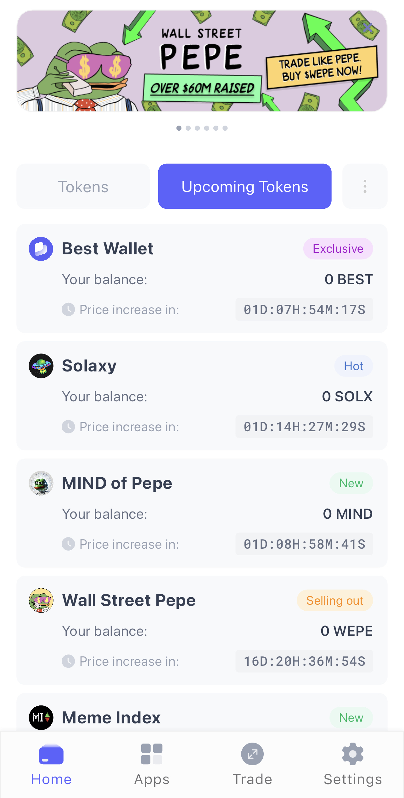 Locating the upcoming tokens tab in Best Wallet. 