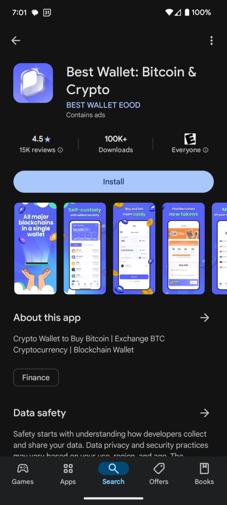 Best Wallet app preview on Google Play Store for Android phones.