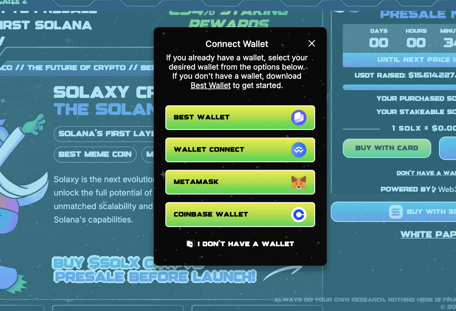 Connect wallet popup when buying Solaxy.