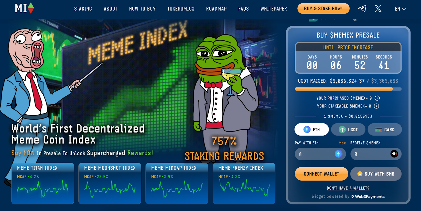 Meme Index presale homepage.