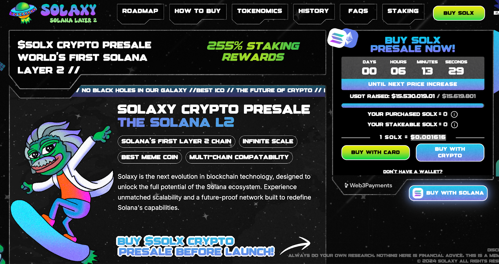 Solaxy presale dashboard homepage.