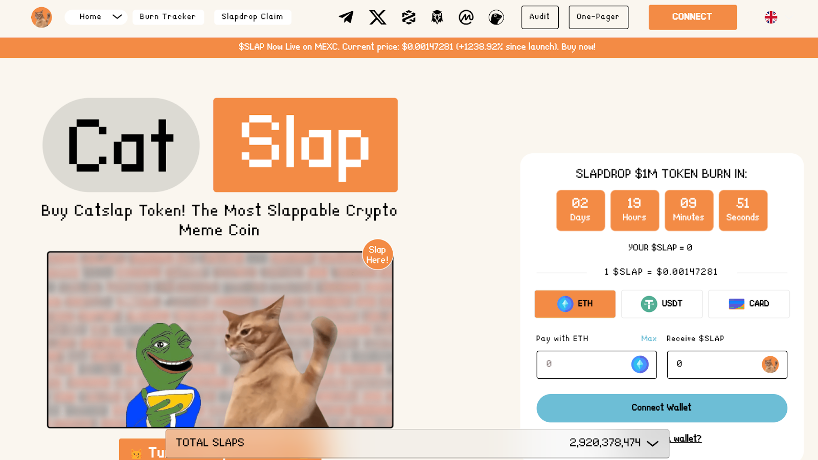 Catslap new crypto homepage memecoin project