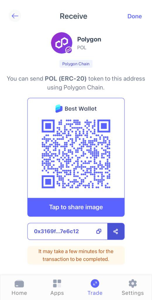 Receive cryptos on the Best Wallet app.