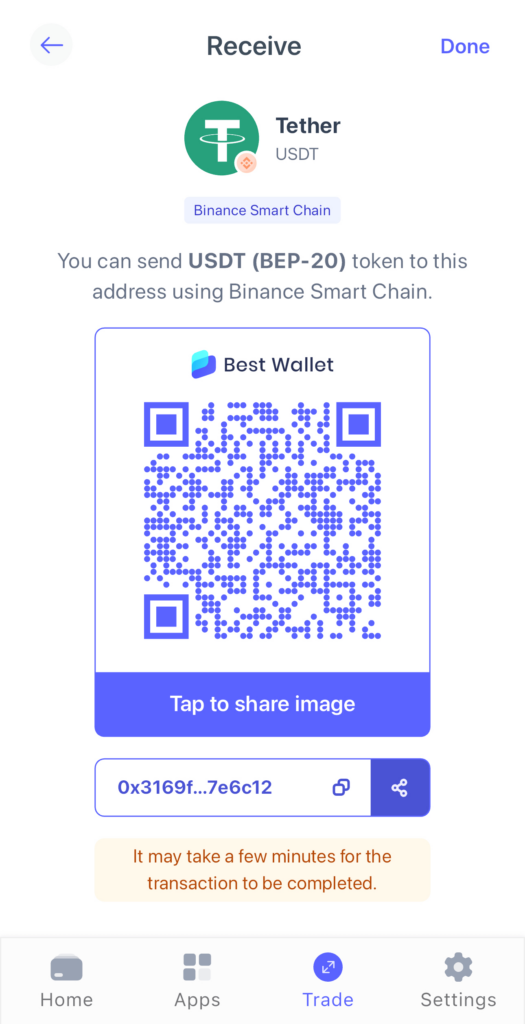 Receive Tether USDT via the Best Wallet non-custodial wallet app.