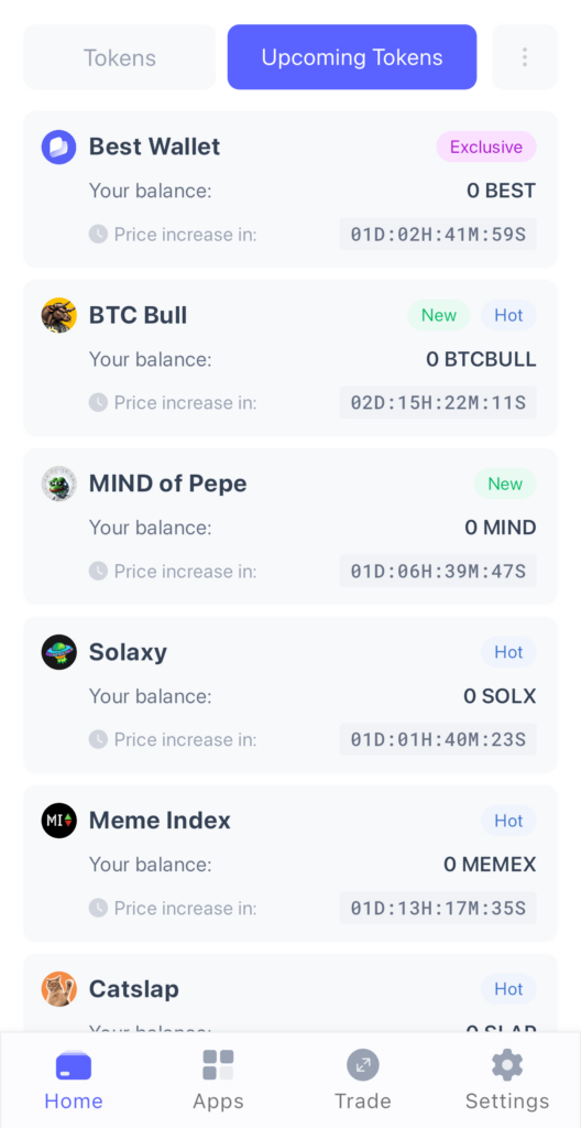 Upcoming crypto tokens on the Best Wallet app.