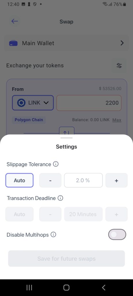 Slippage settings in Best Wallet ERC20 wallet