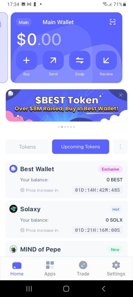 Best Wallet's main dashboard on the app.