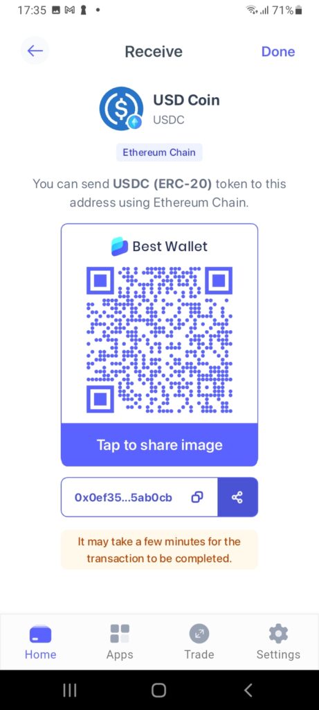 Receive USD coin in Best Wallet decentralized crypto exchange