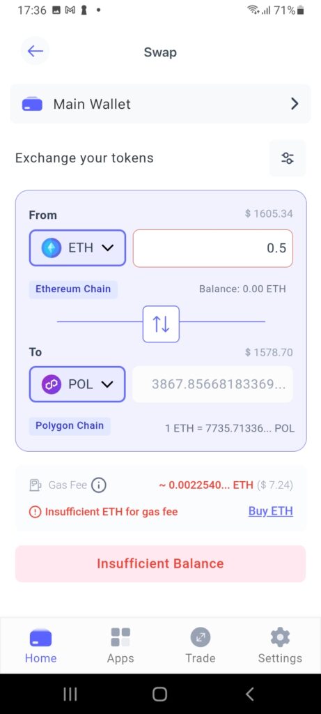 Swap function within main wallet on Best Wallet app