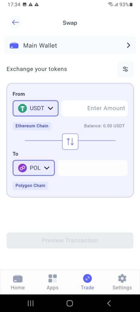 Swap USDT to receive POL on the Best Wallet app.