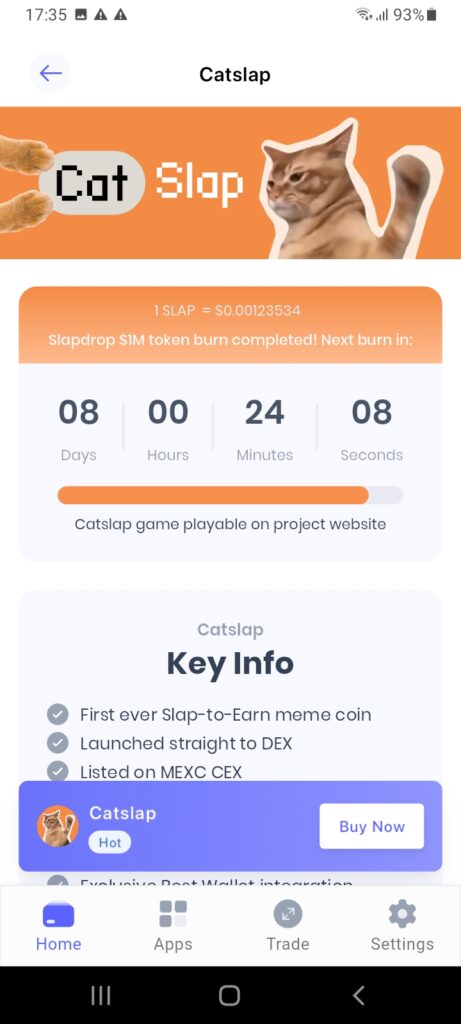 Catslap memecoin project available to buy on Best Wallet app.
