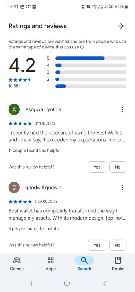 Ratings and reviews of the Best Wallet app.