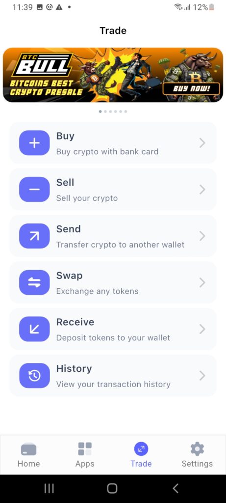 BTC Bull Token presale dashboard on the Best Wallet app. 