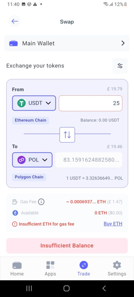 Swap USDT for POL on the Best Wallet app.