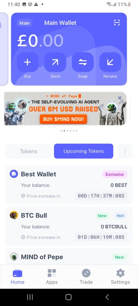 Upcoming Tokens launchpad on Best Wallet app.