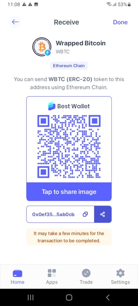 Receiving crypto via Best Wallet.