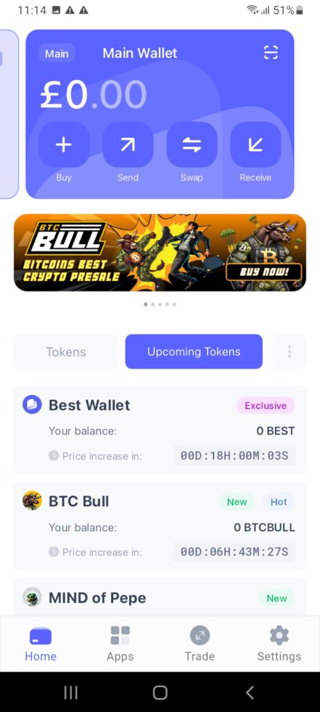 Upcoming Tokens tab in the Best Wallet app.