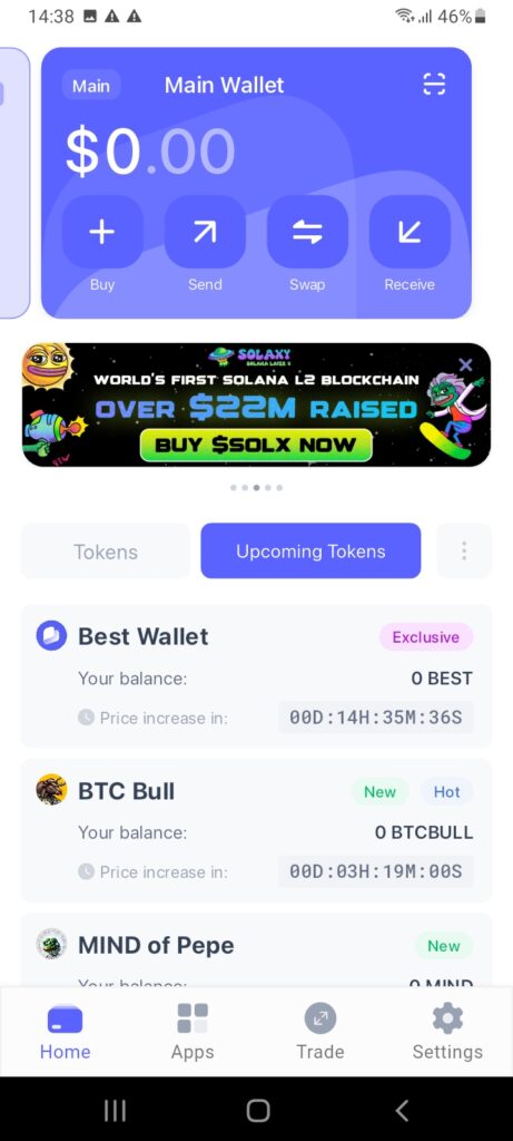 Upcoming Tokens tab within Best Wallet. 