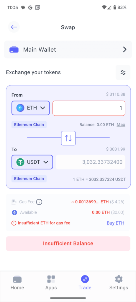 Swap Ethereum for USDT on Best Wallet