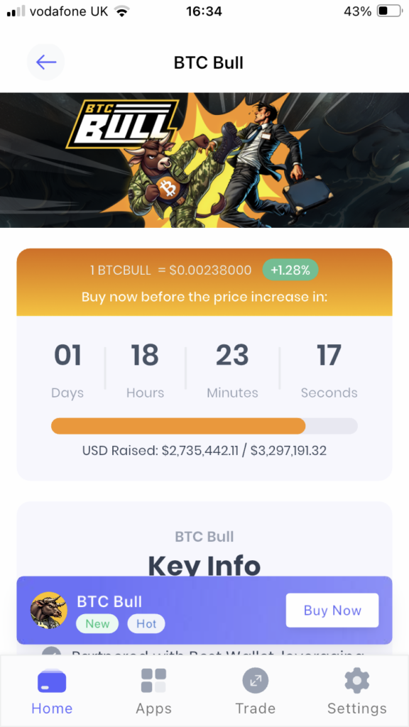 BTC Bull Token presale dashboard in Best Wallet app.