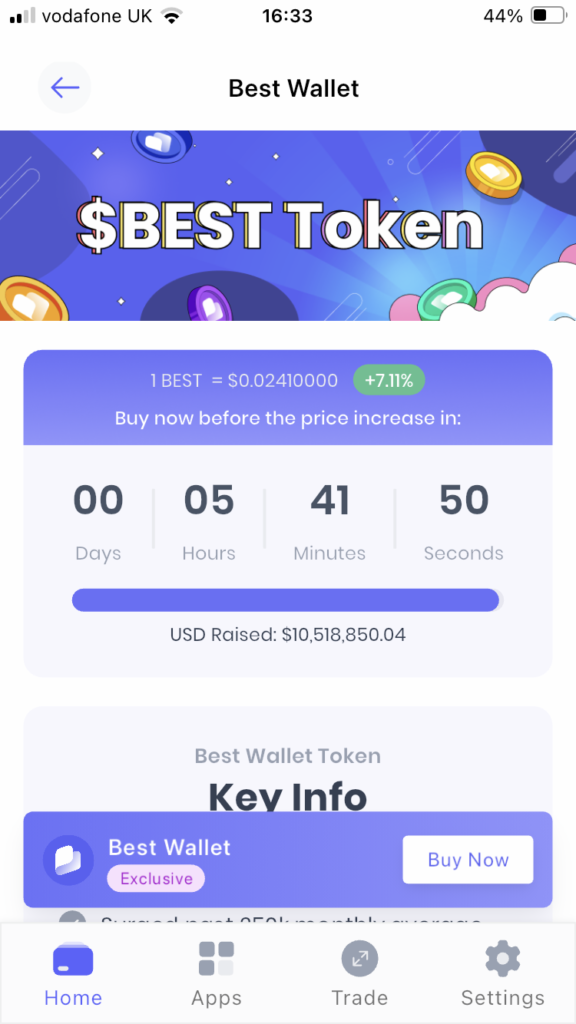 $BEST Token presale dashboard in Best Wallet app.