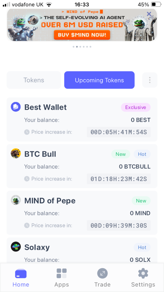 Upcoming Tokens launchpad on the Best Wallet app.