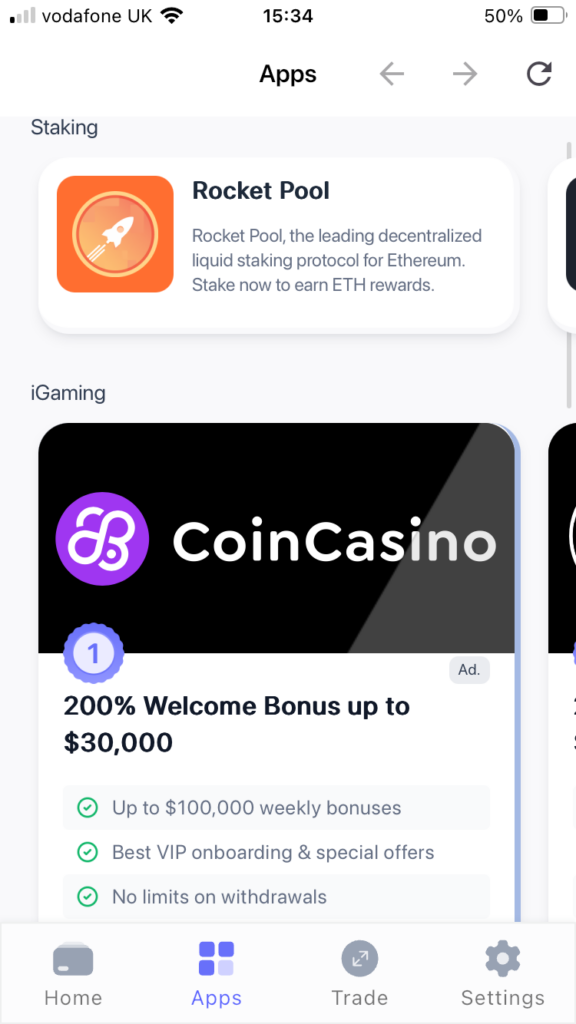 Access iGaming and staking apps via the Best Wallet dashboard. 