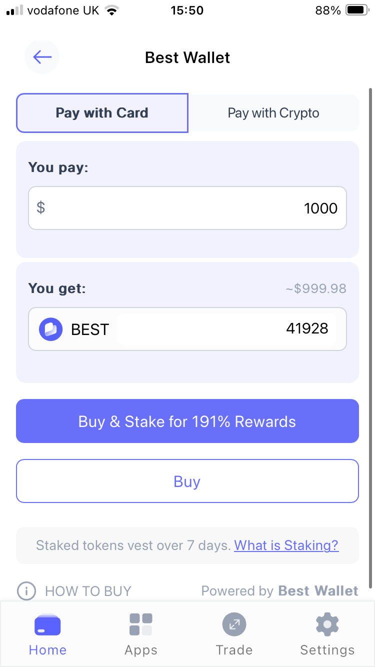 Buy $BEST token with card on Best Wallet