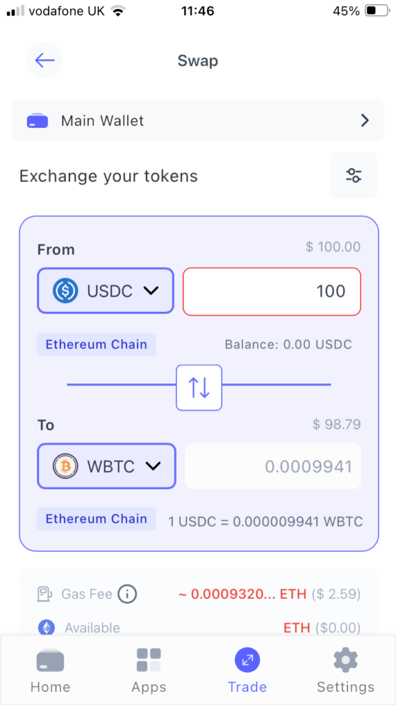 Swap USDC and WBTC on the Best Wallet mobile app.