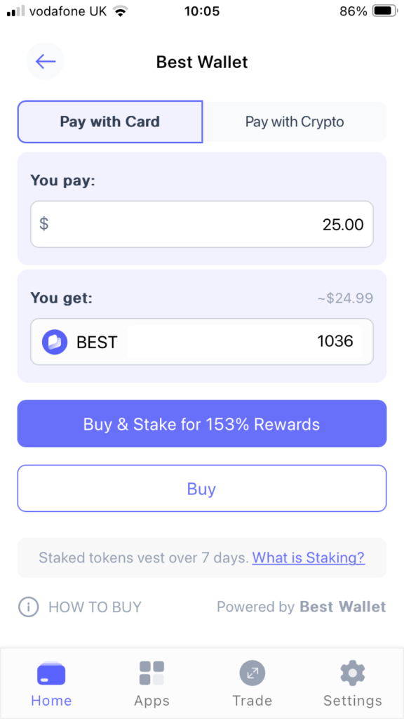 Buy $BEST Tokens with card or crypto on the Best Wallet app.