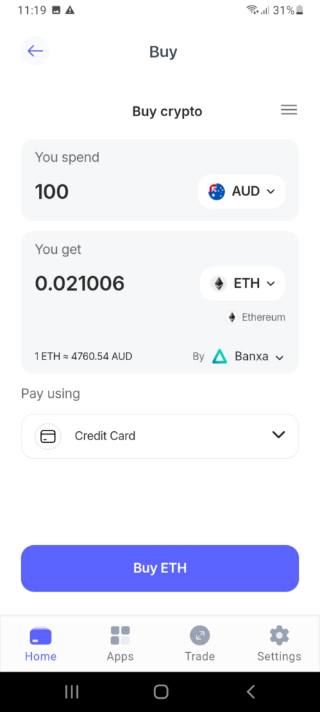 Purchasing ETH with AUD (fiat money) within the Best Wallet mobile app.