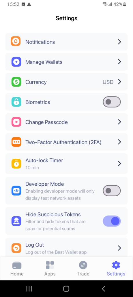 Best Wallet security steps screen within the Settings tab.