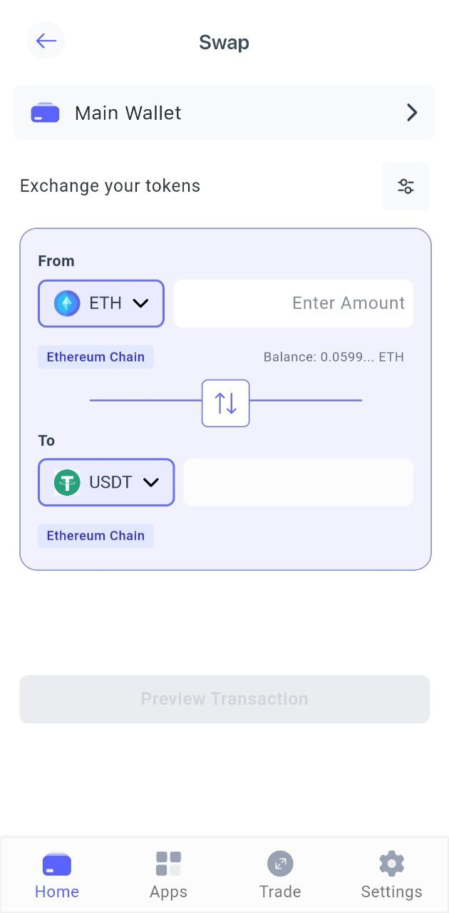 Swap crypto (including BEP20 tokens) section within the Best Wallet mobile app. 