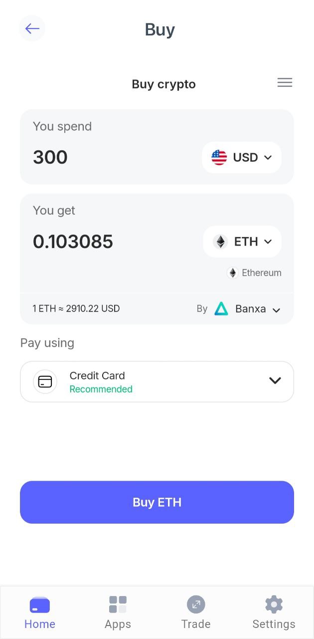 Buy crypto section within the Best Wallet mobile app. 