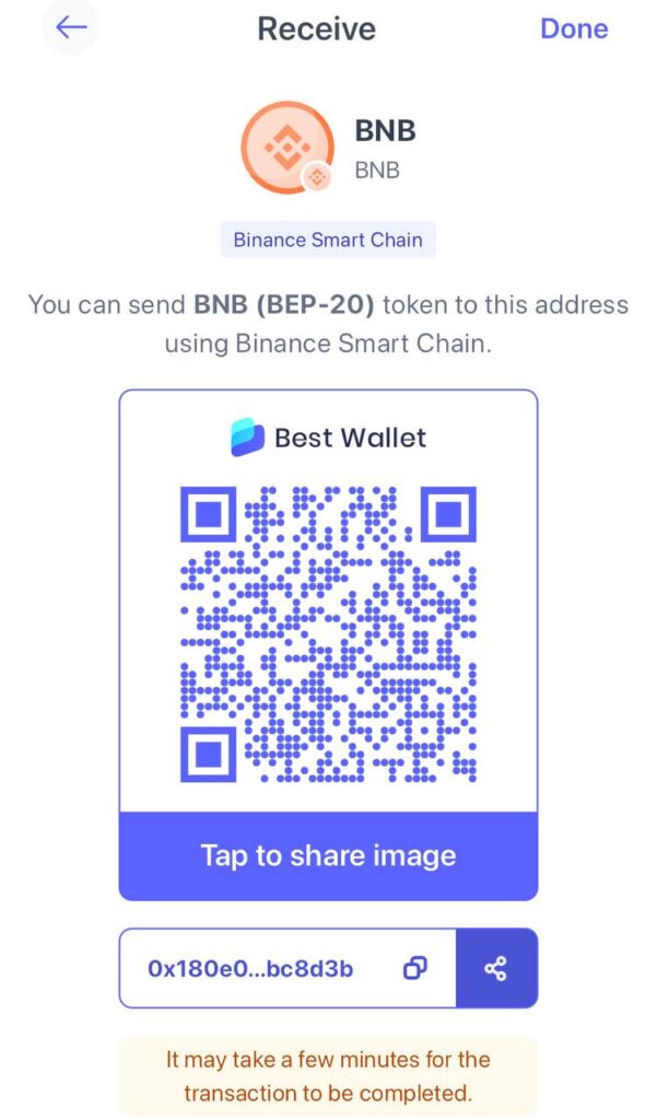 Receiving BNB on Best Wallet.