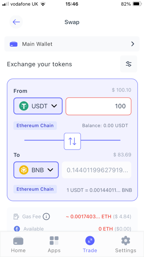 Exchange USDT:BNB on Best Wallet