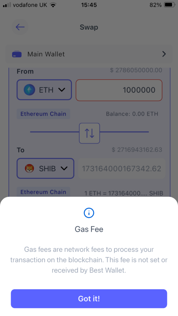 Swapping gas fees on Best Wallet