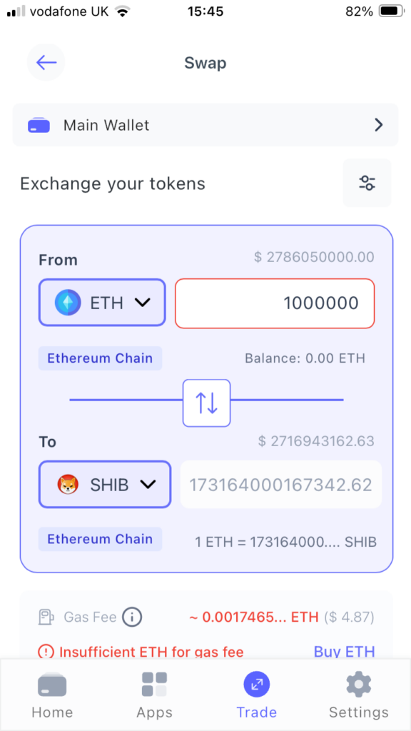 Swap ETH and SHIB on Best Wallet app