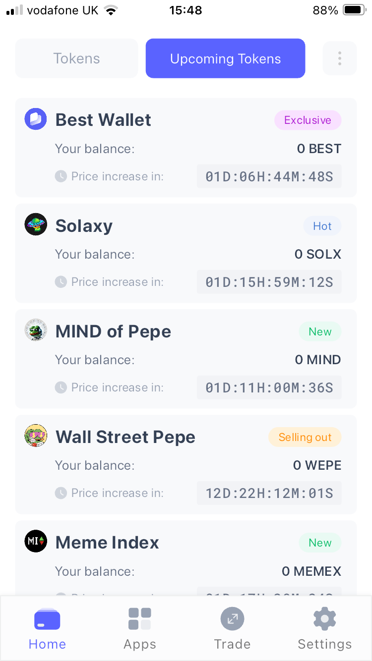 Best Wallet Upcoming Tokens feature