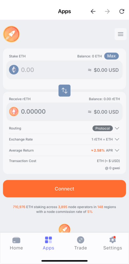 Use RocketPool staking app through Best Wallet app.