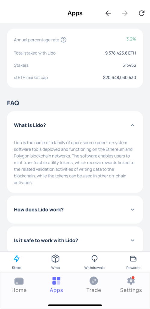 Lido staking app is accessible through Best Wallet.