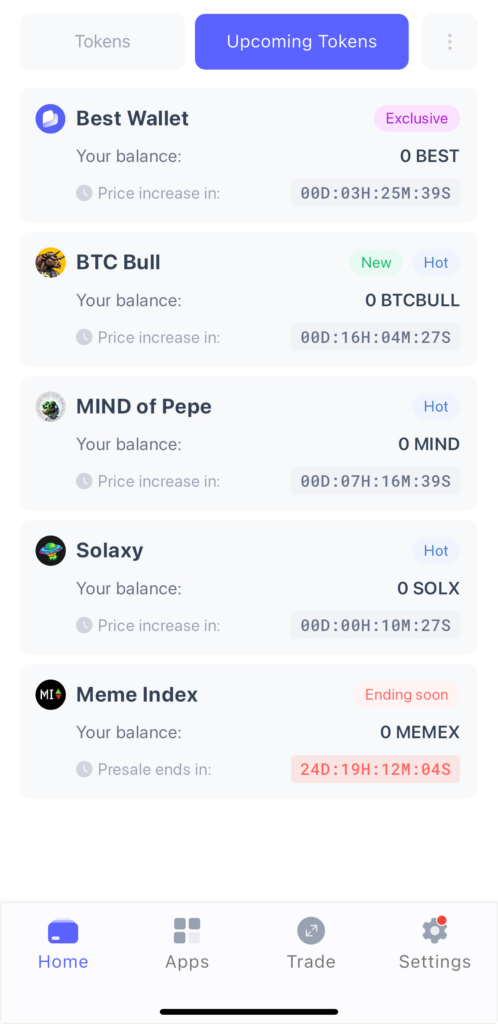 Best Wallet offers crypto presales through Upcoming Tokens tab.