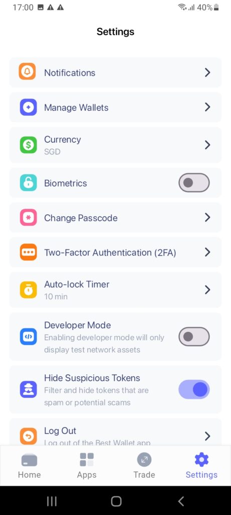 Best Wallet biometric settings.