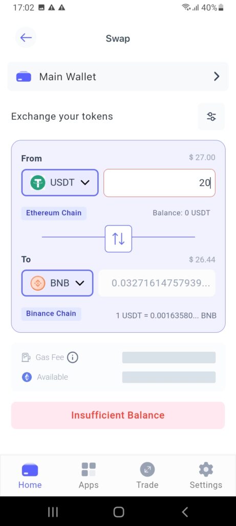 Swap USDT for BNB directly on the Best Wallet app. 