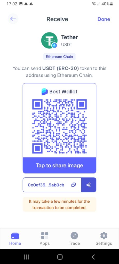 Receive USDT tokens on the secure Best Wallet app. 