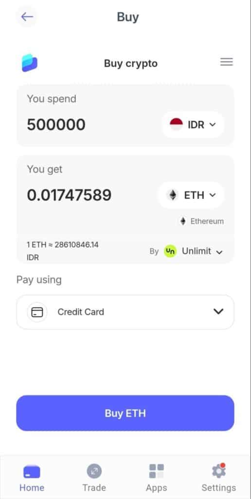 Membeli ETH dengan IDR (uang fiat) melalui aplikasi mobile Best Wallet.