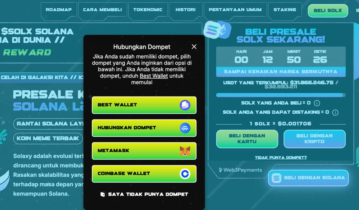 Popup sambungkan dompet saat membeli Solaxy.