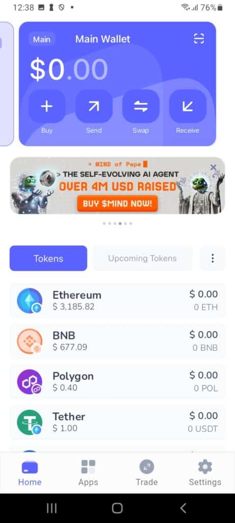 Hlavní panel aplikace Best Wallet