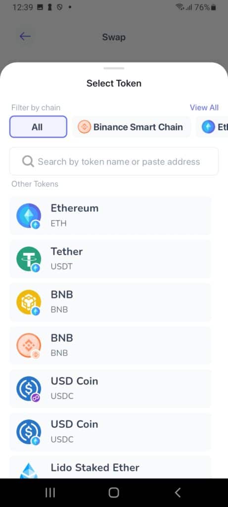 Nabídka tokenů v aplikaci Best Wallet