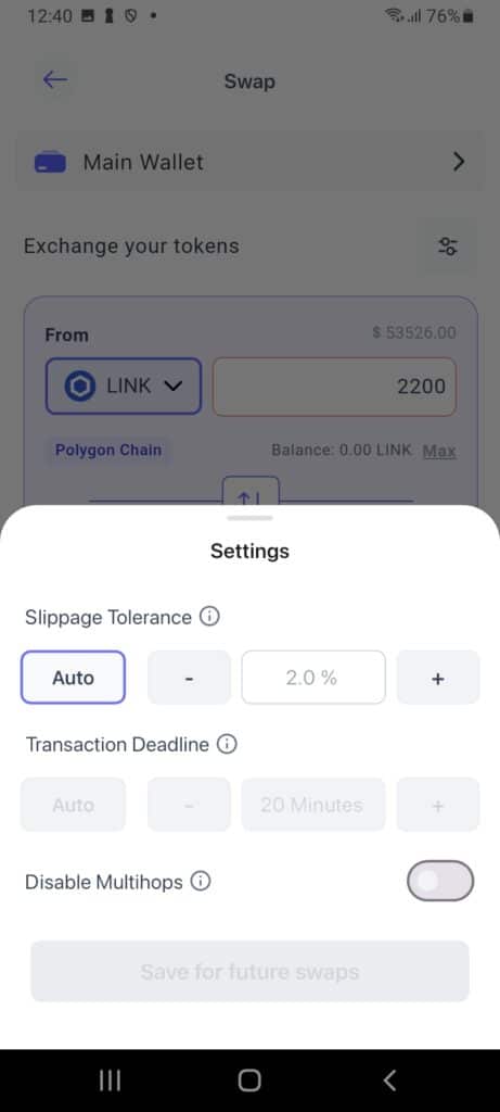 Nastavení skluzu (slippage) při směně tokenů v peněžence Best Wallet.